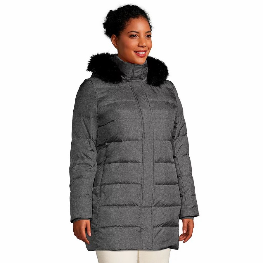 Clothing * | Plus Size Lands' End Faux-Fur Hood Long Down Winter Coat