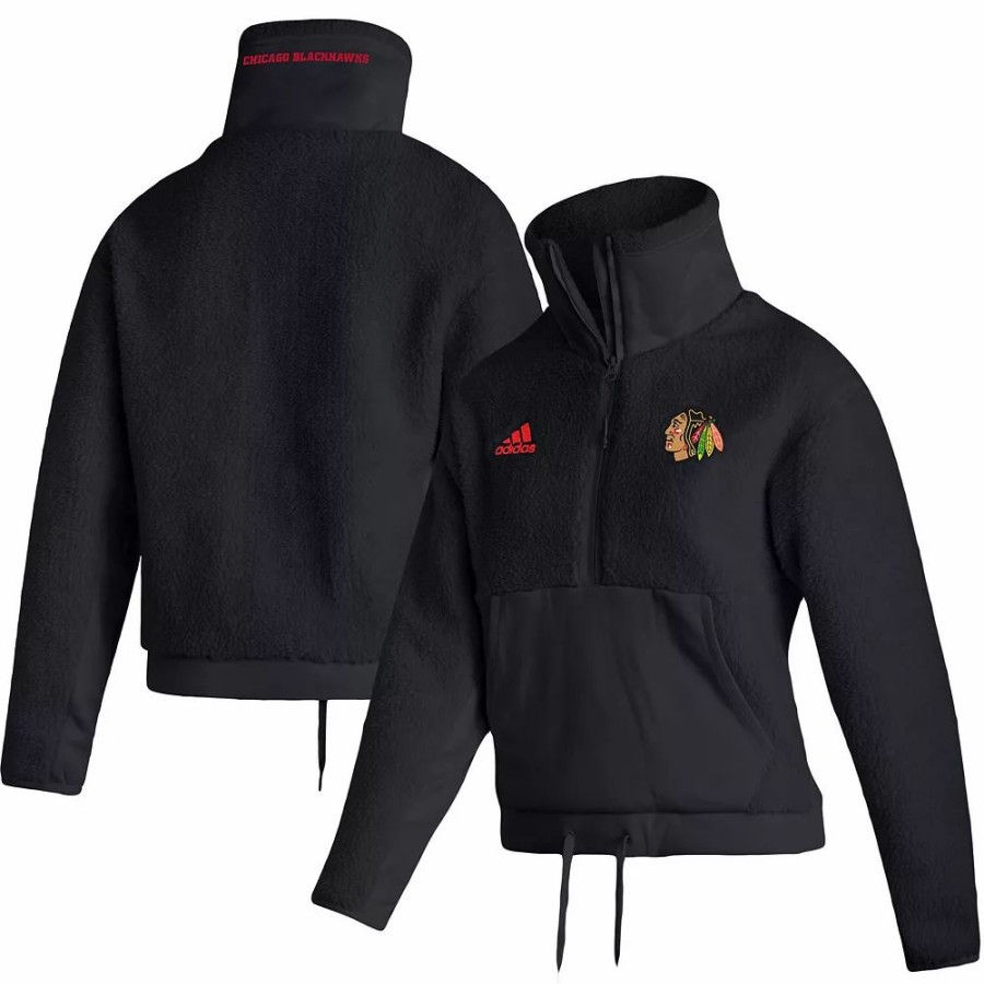 Clothing * | Women'S Adidas Black Chicago Blackhawks Sherpa Half-Zip Jacket