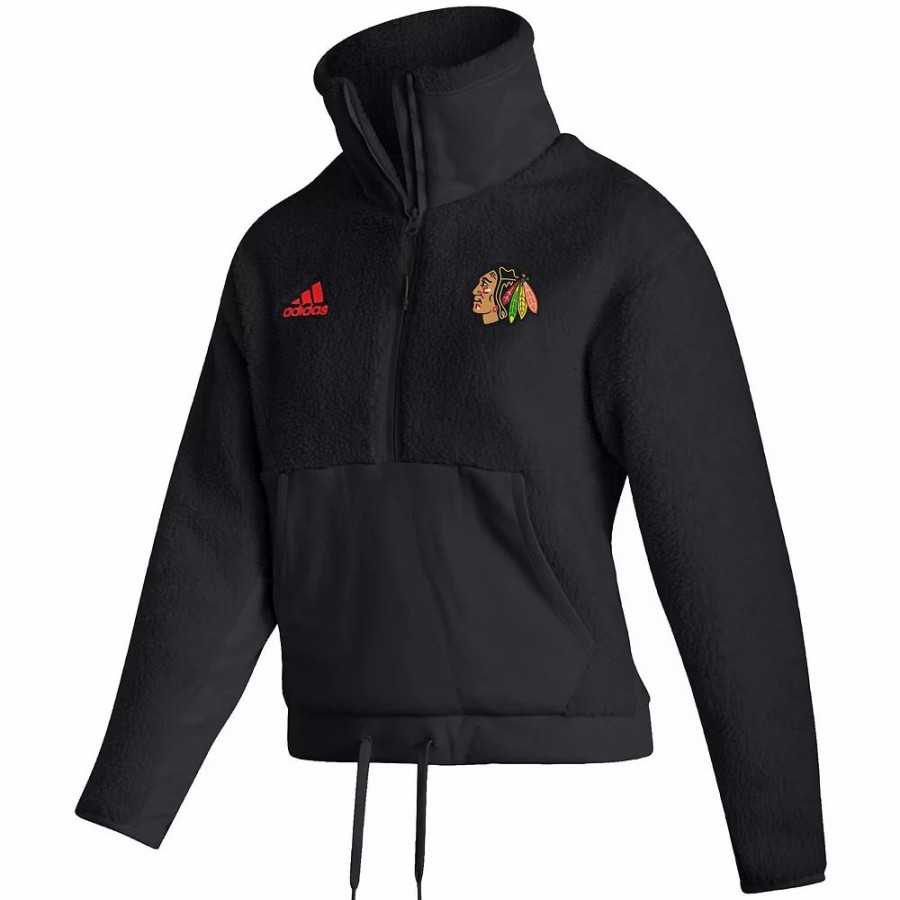 Clothing * | Women'S Adidas Black Chicago Blackhawks Sherpa Half-Zip Jacket