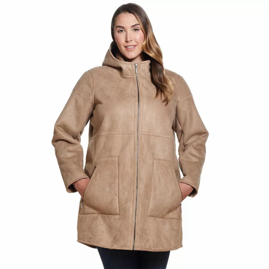 Clothing * | Plus Size Weathercast Hooded Midweight Faux-Shearling Coat