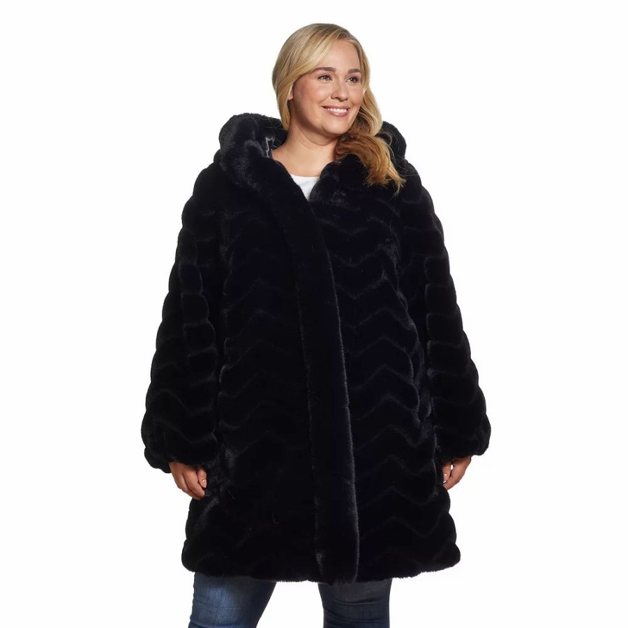 Clothing * | Plus Size Gallery Hooded Faux-Fur Walker Jacket Black