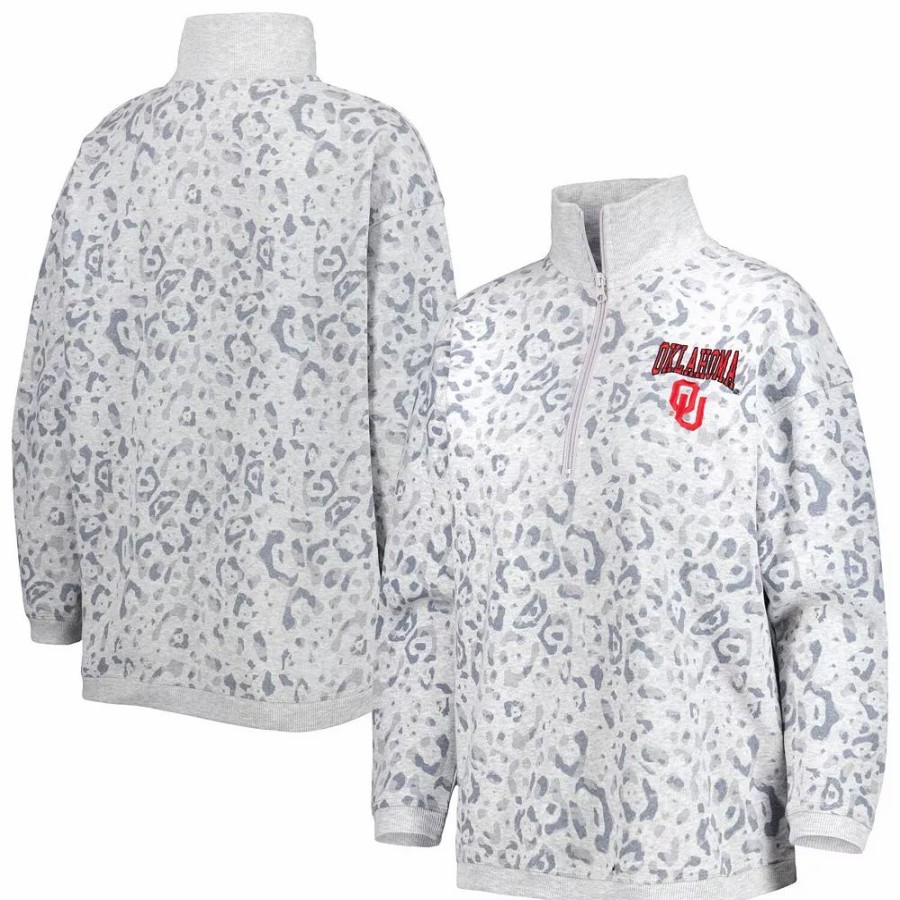 Clothing * | Women'S Gameday Couture Heather Gray Oklahoma Sooners Leopard Quarter-Zip Sweatshirt