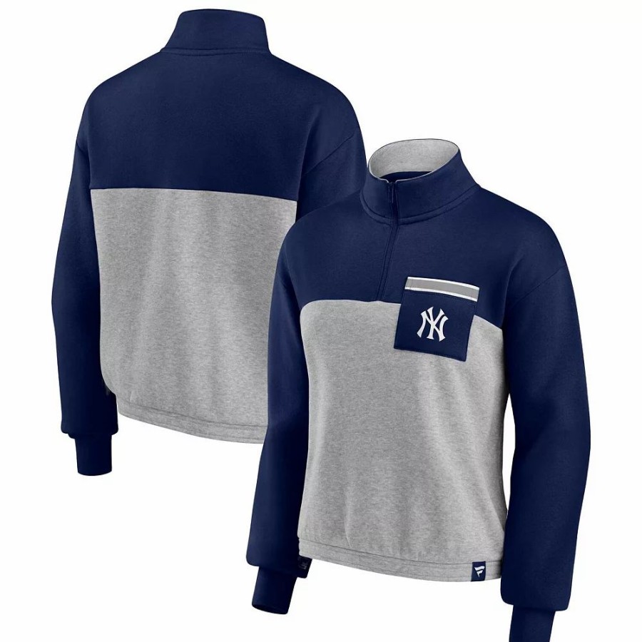 Clothing * | Women'S Fanatics Branded Navy/Heather Gray New York Yankees Iconic Cinch Waist Quarter-Zip Top