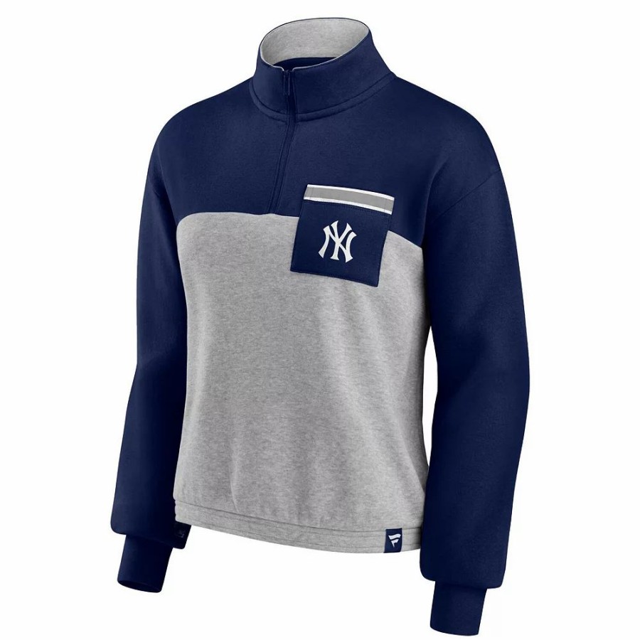 Clothing * | Women'S Fanatics Branded Navy/Heather Gray New York Yankees Iconic Cinch Waist Quarter-Zip Top