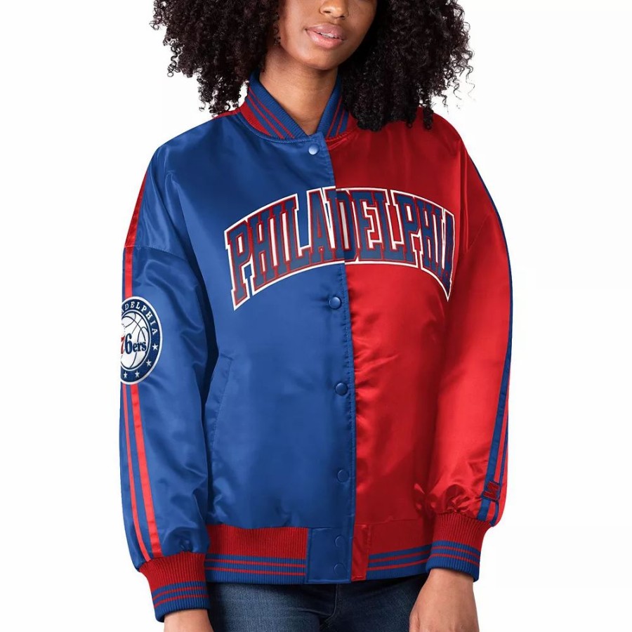 Clothing * | Women'S Starter Royal/Red Philadelphia 76Ers Split Colorblock Satin Full-Snap Varsity Jacket