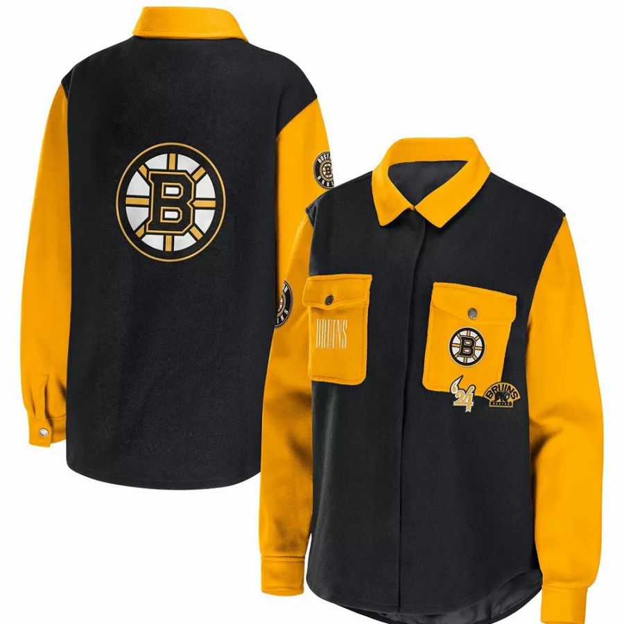 Clothing * | Women'S Wear By Erin Andrews Black/Gold Boston Bruins Colorblock Button-Up Shirt Jacket