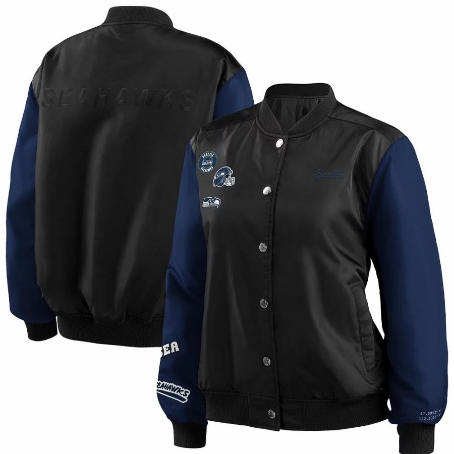 Clothing * | Women'S Wear By Erin Andrews Black Seattle Seahawks Bomber Full-Snap Jacket