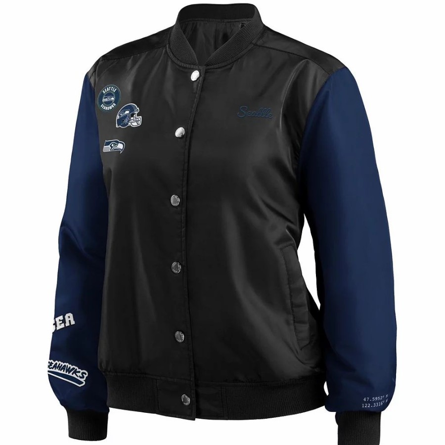 Clothing * | Women'S Wear By Erin Andrews Black Seattle Seahawks Bomber Full-Snap Jacket