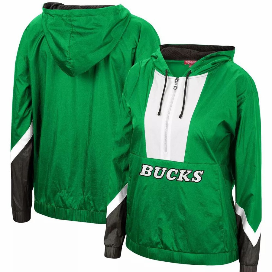 Clothing * | Women'S Mitchell & Ness Green Milwaukee Bucks Half-Zip Windbreaker 2.0 Hoodie