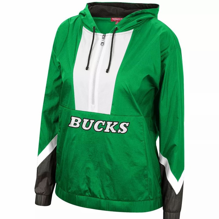 Clothing * | Women'S Mitchell & Ness Green Milwaukee Bucks Half-Zip Windbreaker 2.0 Hoodie