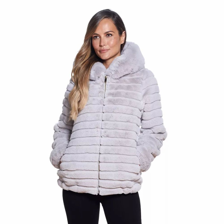 Clothing * | Women'S Gallery Hooded Grooved Faux-Fur Jacket