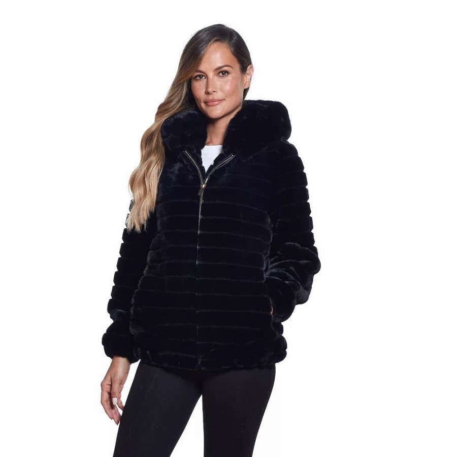 Clothing * | Women'S Gallery Hooded Grooved Faux-Fur Jacket