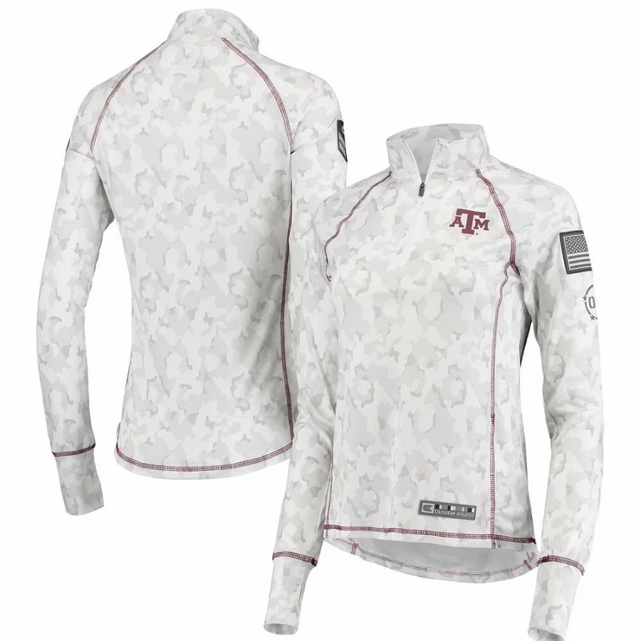 Clothing * | Women'S Colosseum White Texas A&M Aggies Oht Military Appreciation Officer Arctic Camo 1/4-Zip Jacket