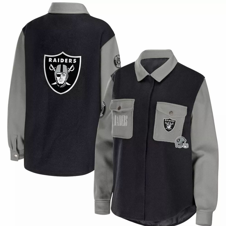 Clothing * | Women'S Wear By Erin Andrews Black Las Vegas Raiders Button-Up Shirt Jacket