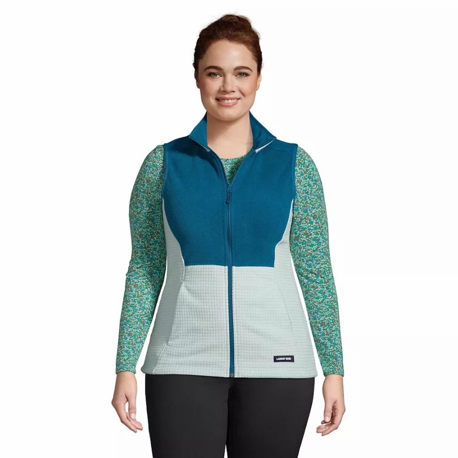 Clothing * | Plus Size Lands' End Grid Fleece Jacket Aqua Breeze