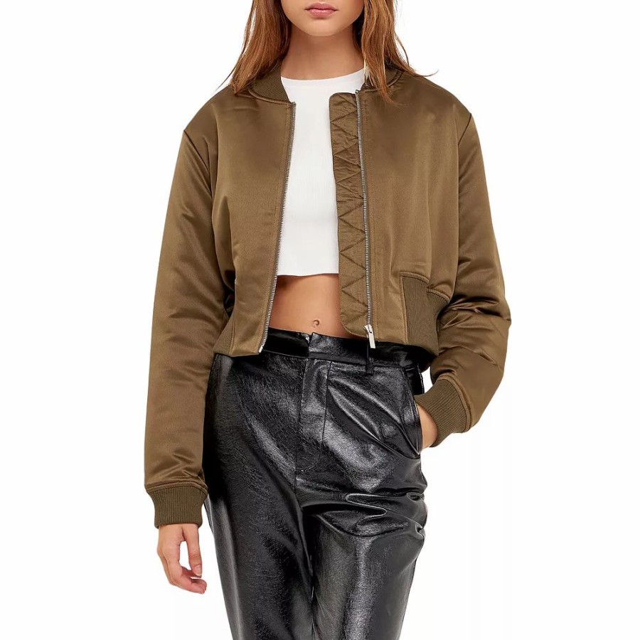 Clothing * | Cropped Satin Effect Bomber Jacket