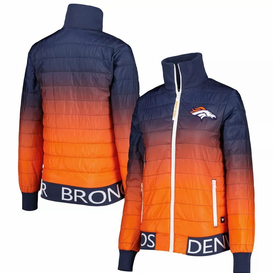 Clothing * | Women'S The Wild Collective Navy/Orange Denver Broncos Color Block Full-Zip Puffer Jacket