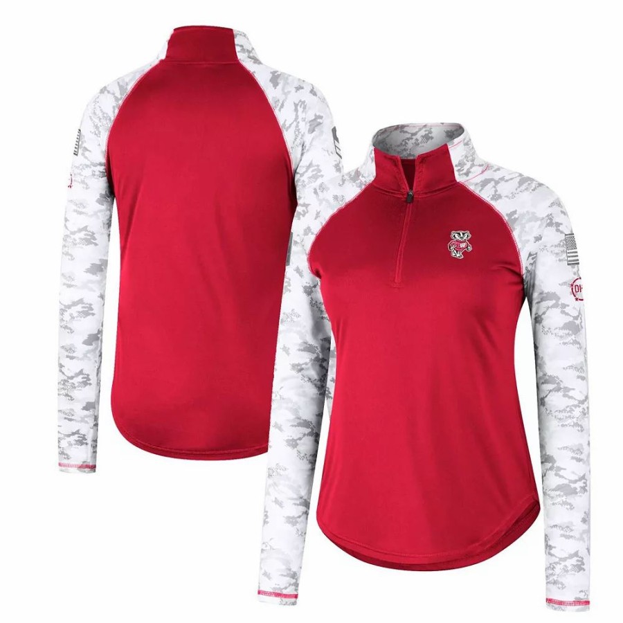 Clothing * | Women'S Colosseum Red Wisconsin Badgers Oht Military Appreciation Flash Arctic Camo Raglan Quarter-Zip Jacket