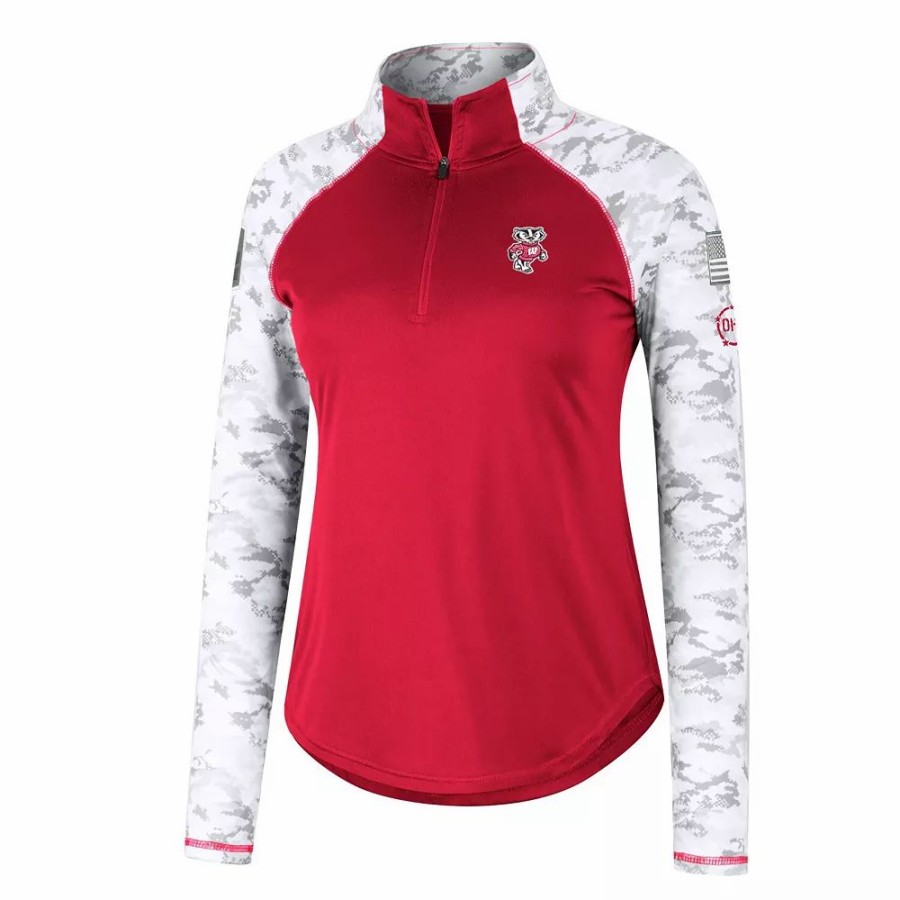 Clothing * | Women'S Colosseum Red Wisconsin Badgers Oht Military Appreciation Flash Arctic Camo Raglan Quarter-Zip Jacket