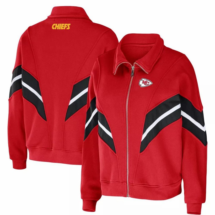 Clothing * | Women'S Wear By Erin Andrews Red Kansas City Chiefs Yarn Dye Stripe Full-Zip Jacket