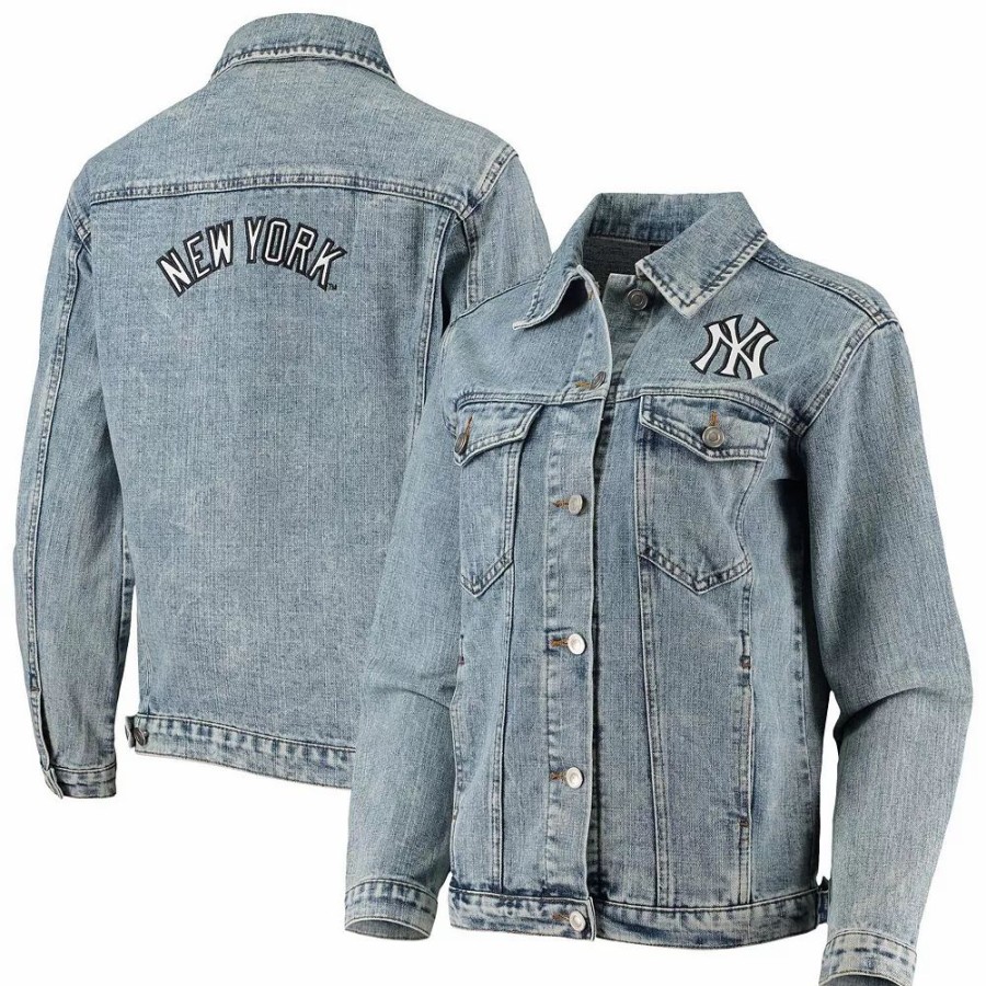 Clothing * | Women'S The Wild Collective New York Yankees Team Patch Denim Button-Up Jacket