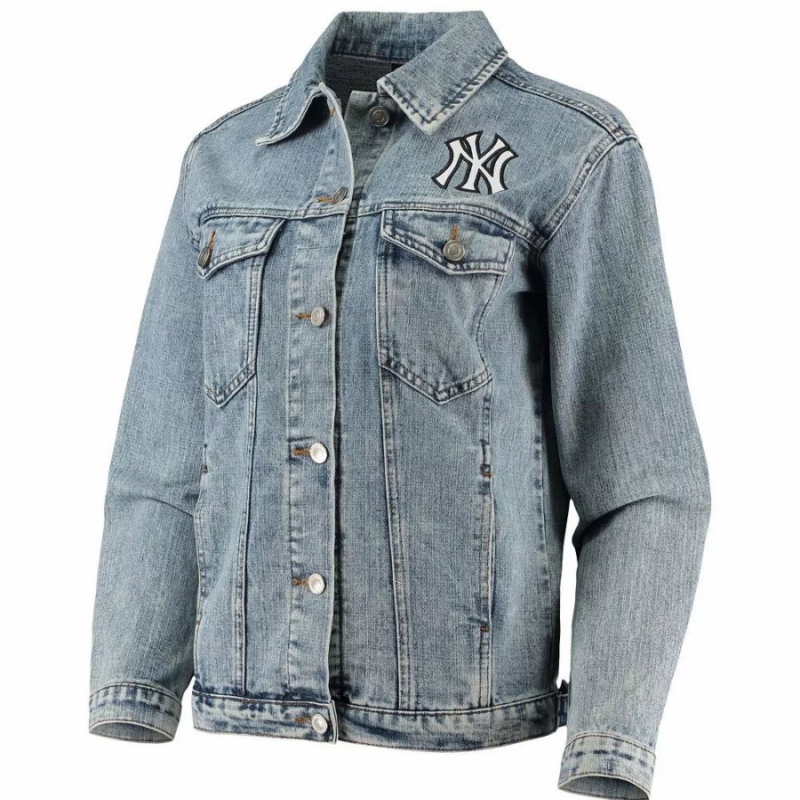 Clothing * | Women'S The Wild Collective New York Yankees Team Patch Denim Button-Up Jacket