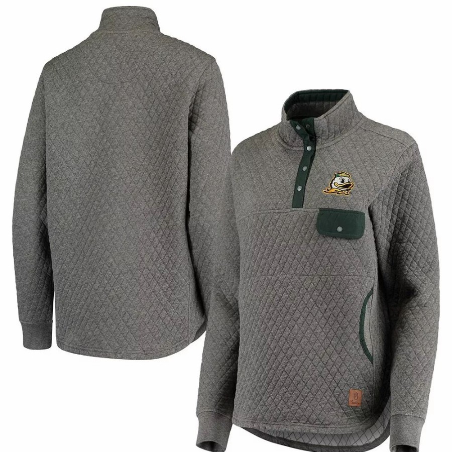 Clothing * | Women'S Pressbox Heathered Gray/Green Oregon Ducks Magnum Quilted Quarter-Snap Jacket