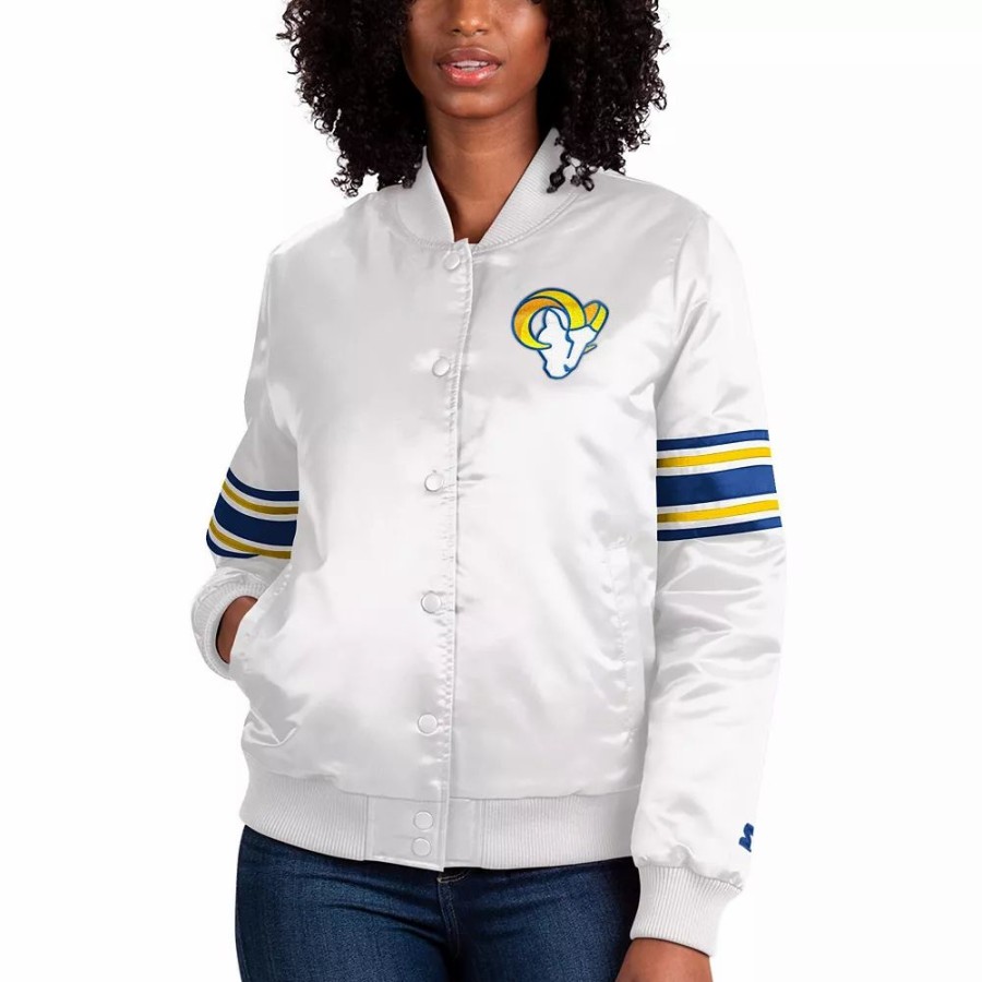 Clothing * | Women'S Starter Cream Los Angeles Rams Line Up Satin Full-Snap Varsity Jacket