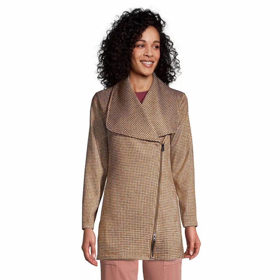 Clothing * | Women'S Lands' End Sweater Fleece Asymmetrical Coat Brown Houndstooth