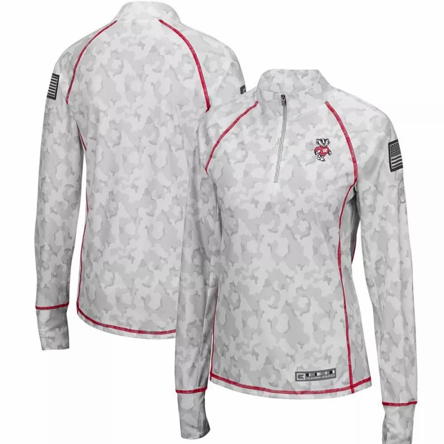 Clothing * | Women'S Colosseum White Wisconsin Badgers Oht Military Appreciation Officer Arctic Camo 1/4-Zip Jacket