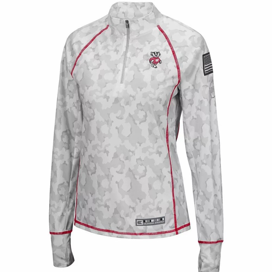 Clothing * | Women'S Colosseum White Wisconsin Badgers Oht Military Appreciation Officer Arctic Camo 1/4-Zip Jacket