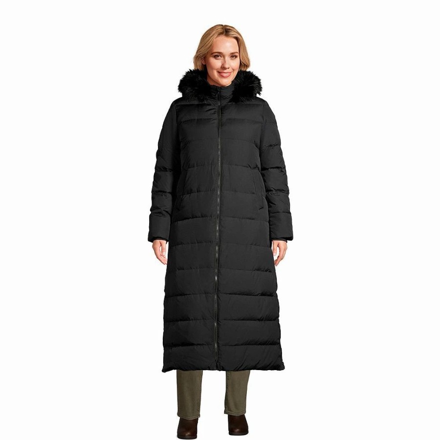 Clothing * | Plus Size Lands' End Faux-Fur Hood Quilted Down Maxi Coat Black