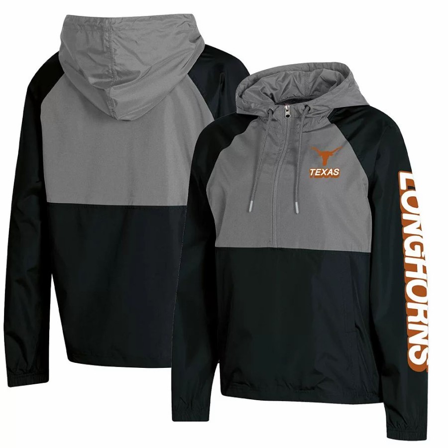 Clothing * | Women'S Champion Black Texas Longhorns Colorblocked Packable Raglan Half-Zip Hoodie Jacket