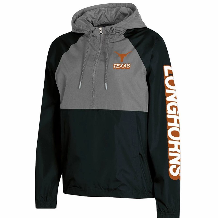 Clothing * | Women'S Champion Black Texas Longhorns Colorblocked Packable Raglan Half-Zip Hoodie Jacket