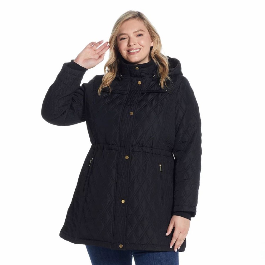 Clothing * | Plus Size Weathercast Hood Faux-Fur Lined Walker Jacket Black