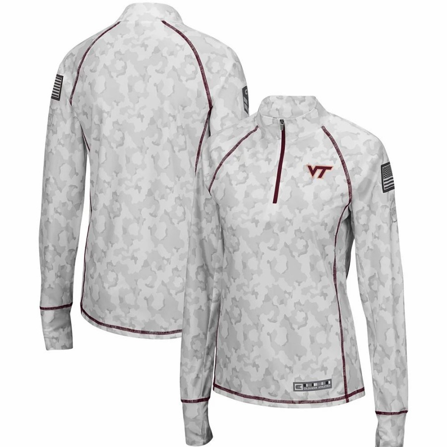 Clothing * | Women'S Colosseum White Virginia Tech Hokies Oht Military Appreciation Officer Arctic Camo 1/4-Zip Jacket