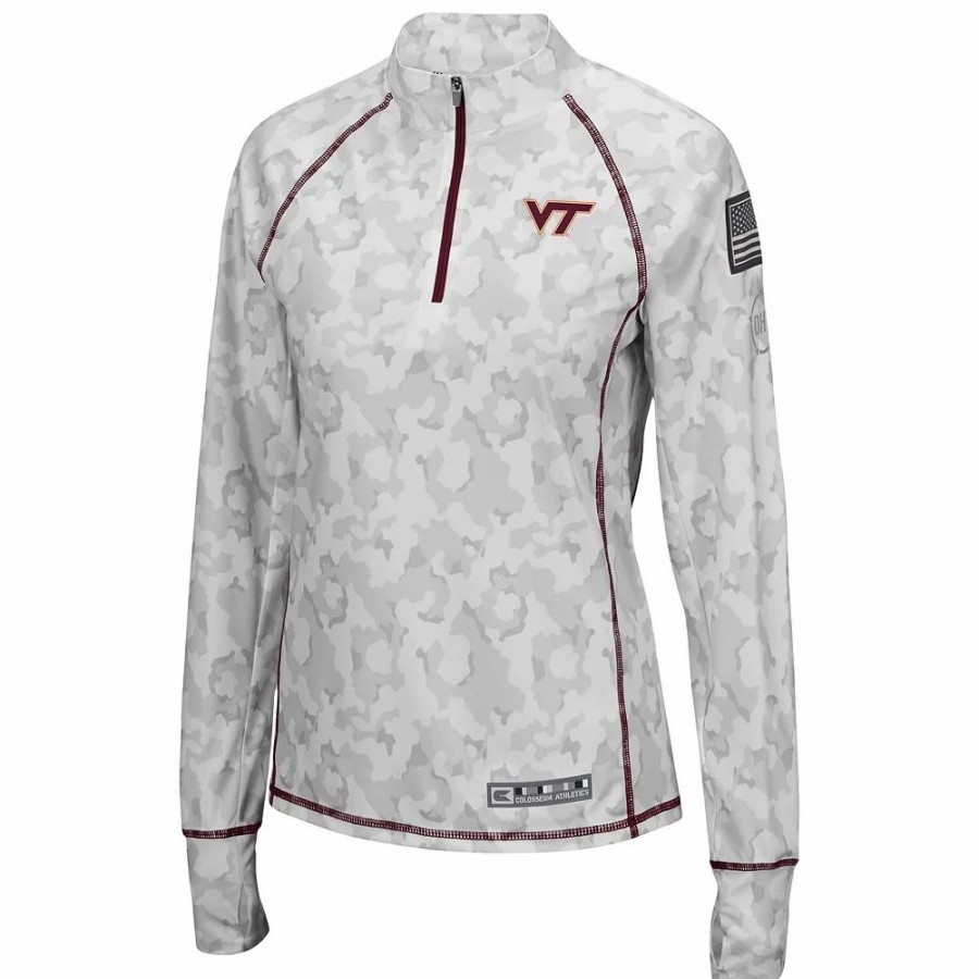 Clothing * | Women'S Colosseum White Virginia Tech Hokies Oht Military Appreciation Officer Arctic Camo 1/4-Zip Jacket