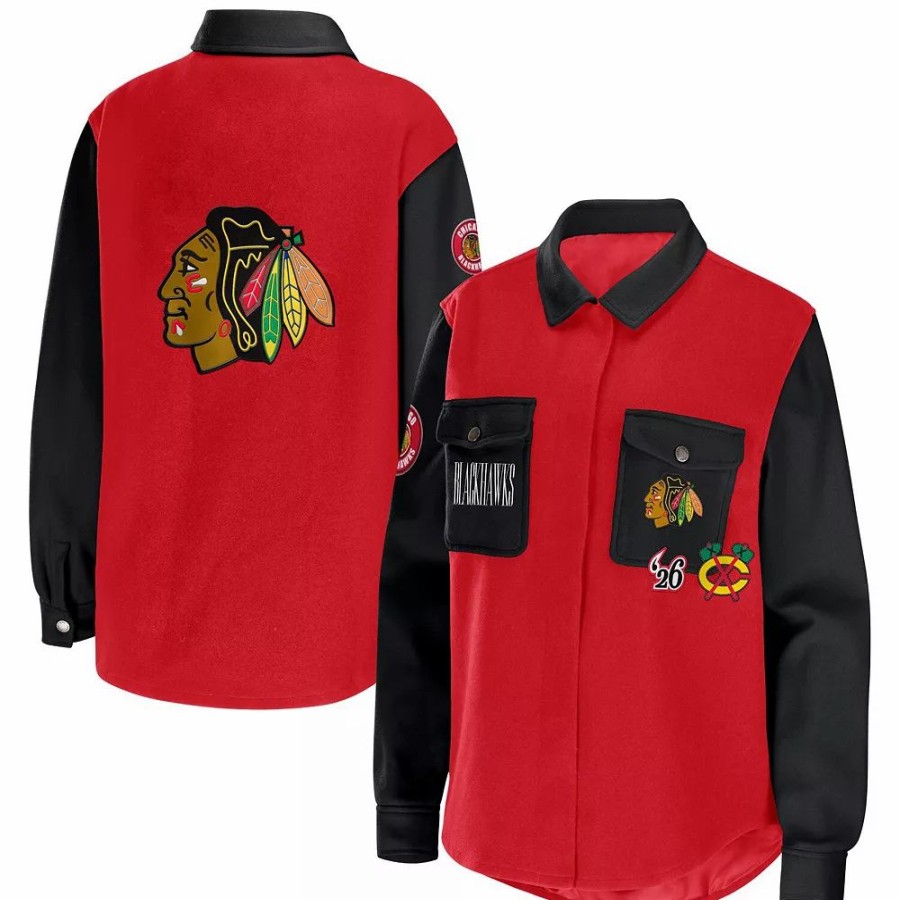 Clothing * | Women'S Wear By Erin Andrews Red/Black Chicago Blackhawks Colorblock Button-Up Shirt Jacket