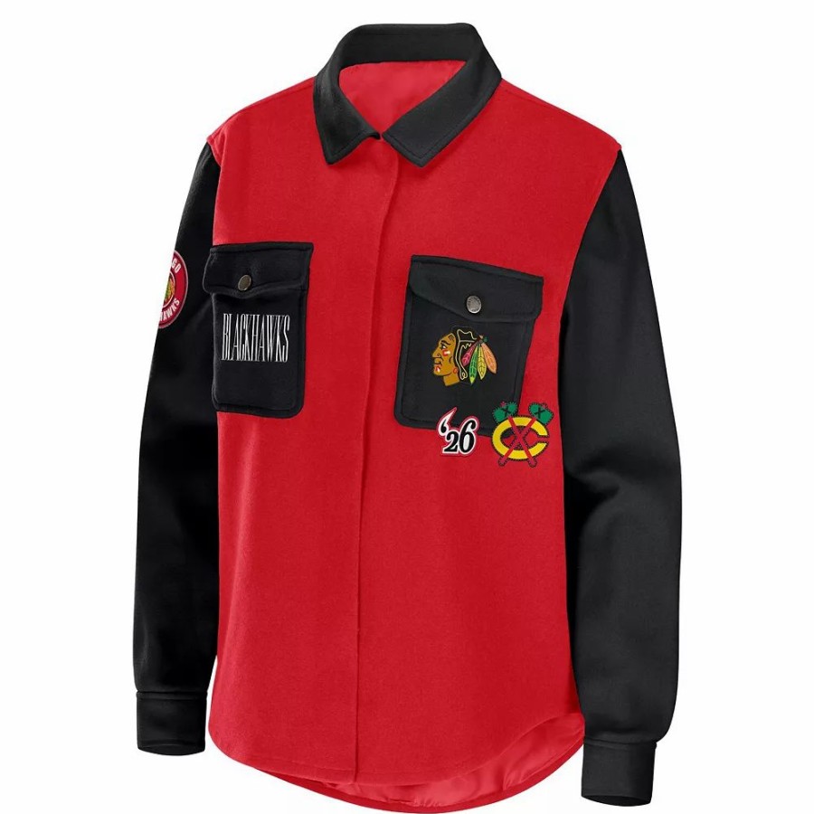 Clothing * | Women'S Wear By Erin Andrews Red/Black Chicago Blackhawks Colorblock Button-Up Shirt Jacket