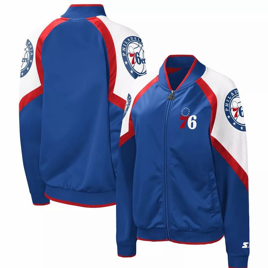 Clothing * | Women'S Starter Royal/Red Philadelphia 76Ers Fan Girl Satin Raglan Full-Zip Jacket