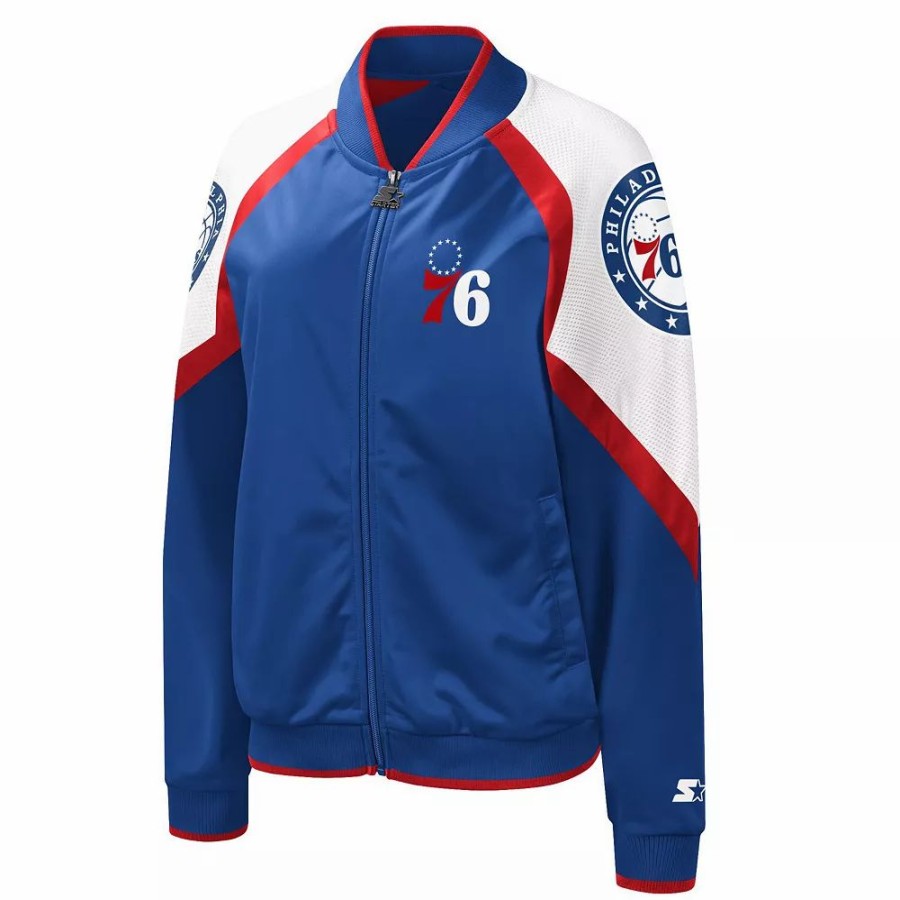 Clothing * | Women'S Starter Royal/Red Philadelphia 76Ers Fan Girl Satin Raglan Full-Zip Jacket