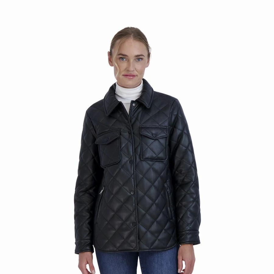 Clothing * | Women'S Sebby Collection Faux-Leather Quilted Shacket