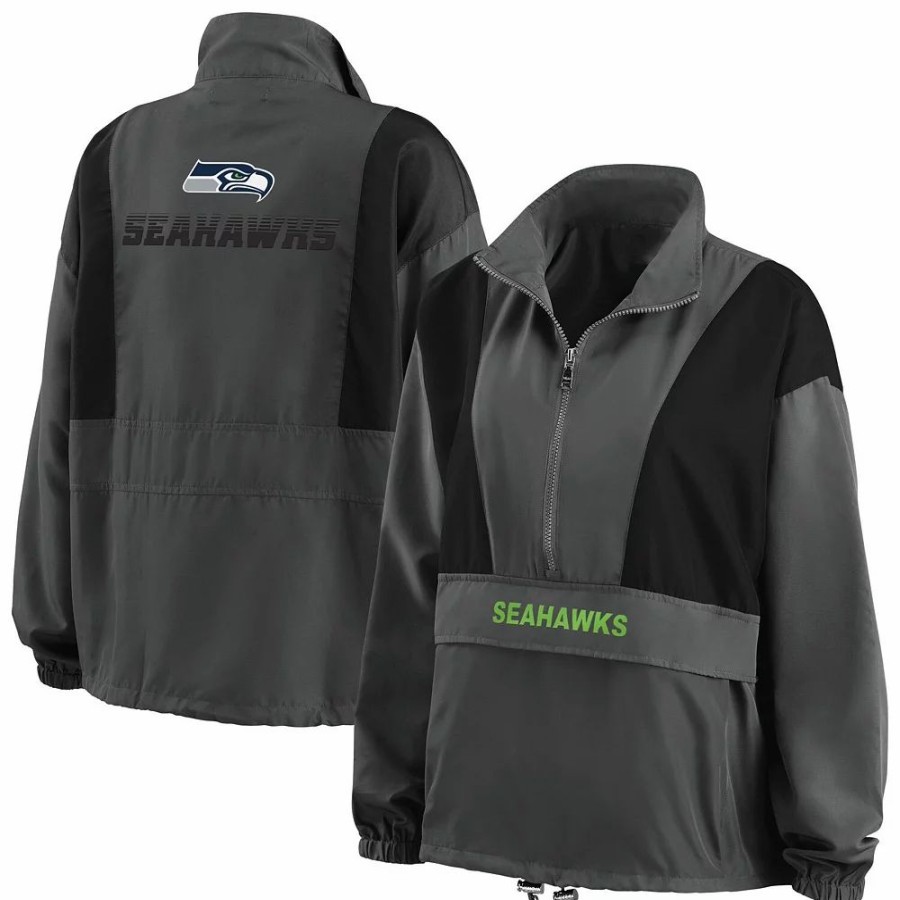 Clothing * | Women'S Wear By Erin Andrews Charcoal Seattle Seahawks Popover Packable Half-Zip Jacket