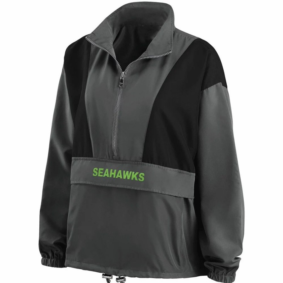 Clothing * | Women'S Wear By Erin Andrews Charcoal Seattle Seahawks Popover Packable Half-Zip Jacket