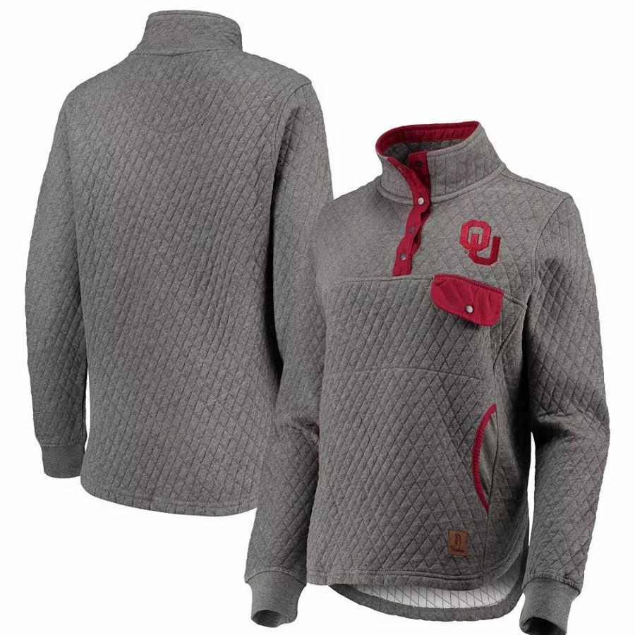 Clothing * | Women'S Pressbox Heathered Gray/Crimson Oklahoma Sooners Magnum Quilted Quarter-Snap Pullover Jacket