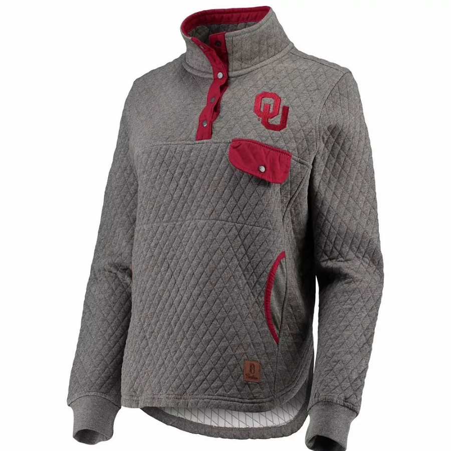 Clothing * | Women'S Pressbox Heathered Gray/Crimson Oklahoma Sooners Magnum Quilted Quarter-Snap Pullover Jacket