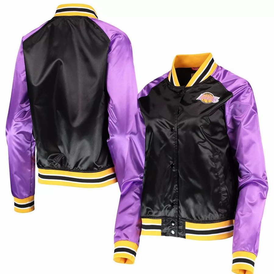 Clothing * | Women'S Mitchell & Ness Black Los Angeles Lakers Hardwood Classics Raglan Satin Full-Snap Jacket