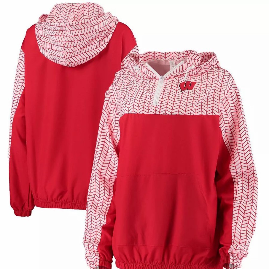 Clothing * | Women'S Zoozatz Red Wisconsin Badgers Chevron Swishy Quarter-Zip Hoodie Jacket