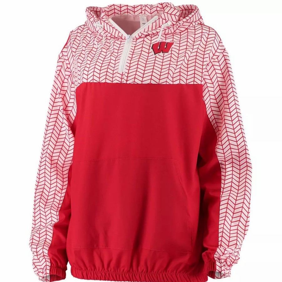 Clothing * | Women'S Zoozatz Red Wisconsin Badgers Chevron Swishy Quarter-Zip Hoodie Jacket