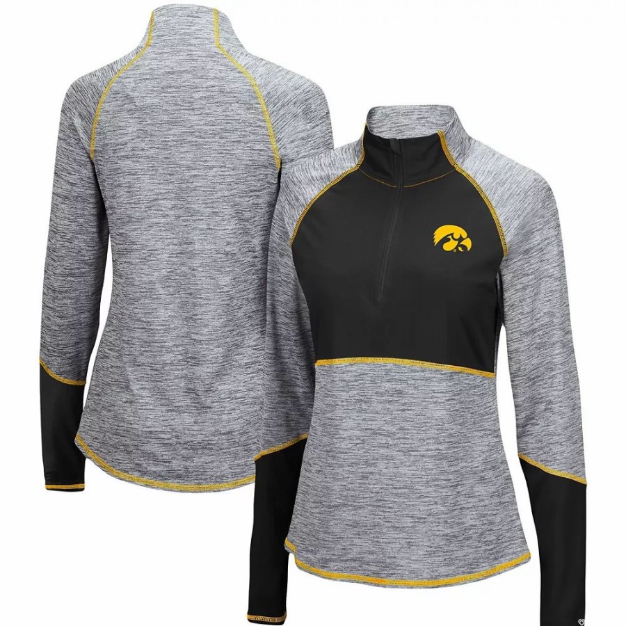 Clothing * | Women'S Colosseum Heathered Gray/Black Iowa Hawkeyes Color Block Space-Dye Raglan Quarter-Zip Top